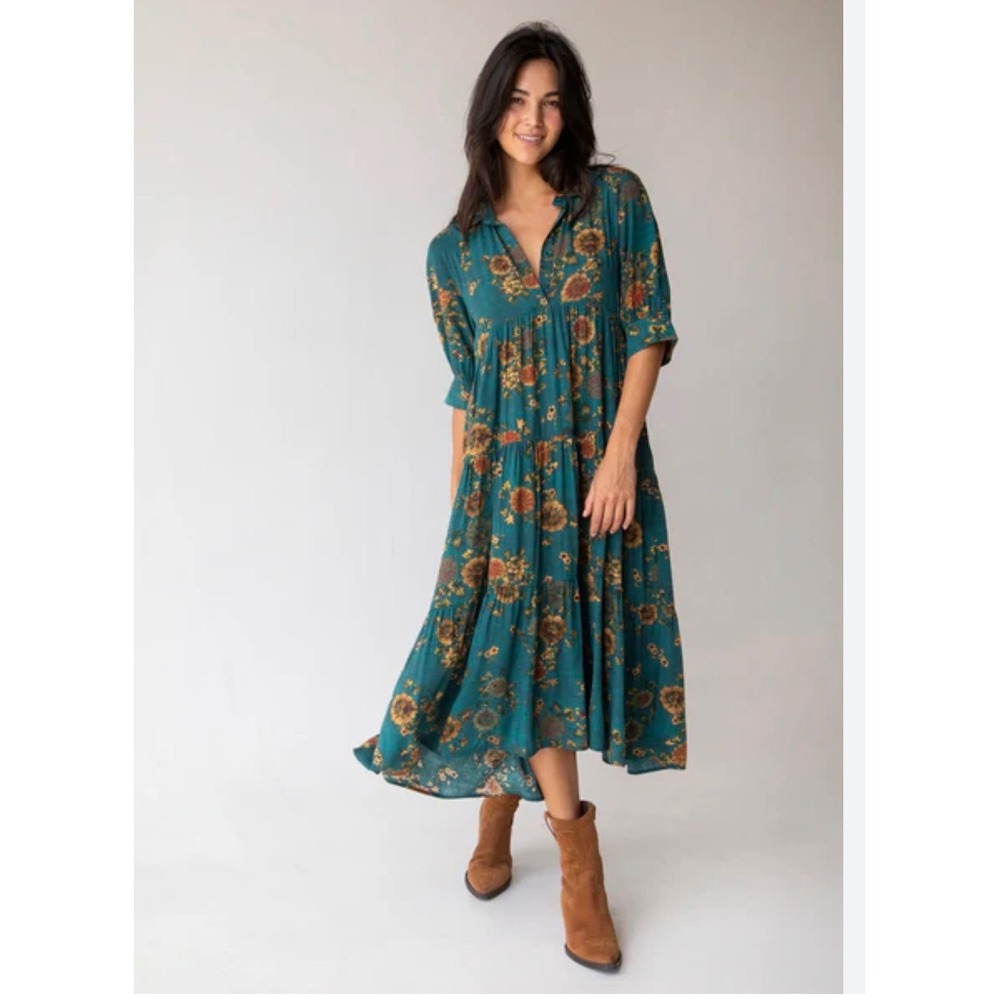 Teal Floral Tiered Midi Dress - Women